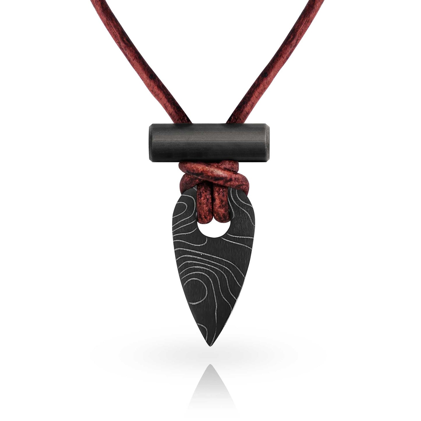 Black arrowhead pendant on a red cord against a white background