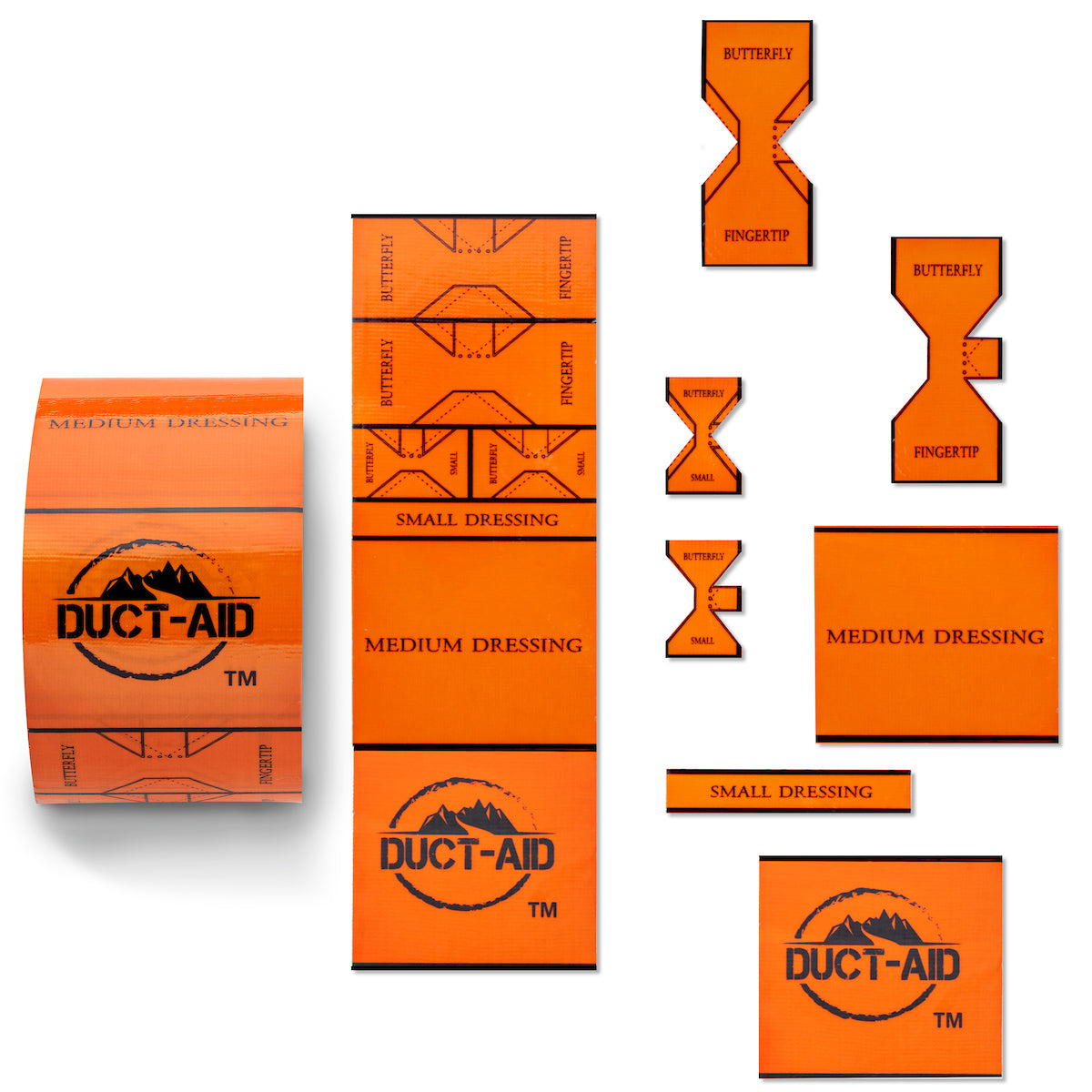 Orange Duct-Aid bandage packages and assorted sizes on a white background