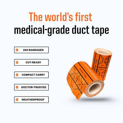 Orange medical-grade duct tape with features listed on a white background