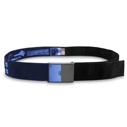 Black belt with blue buckle on a white background