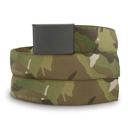 Camouflage belt with a black buckle on a white background