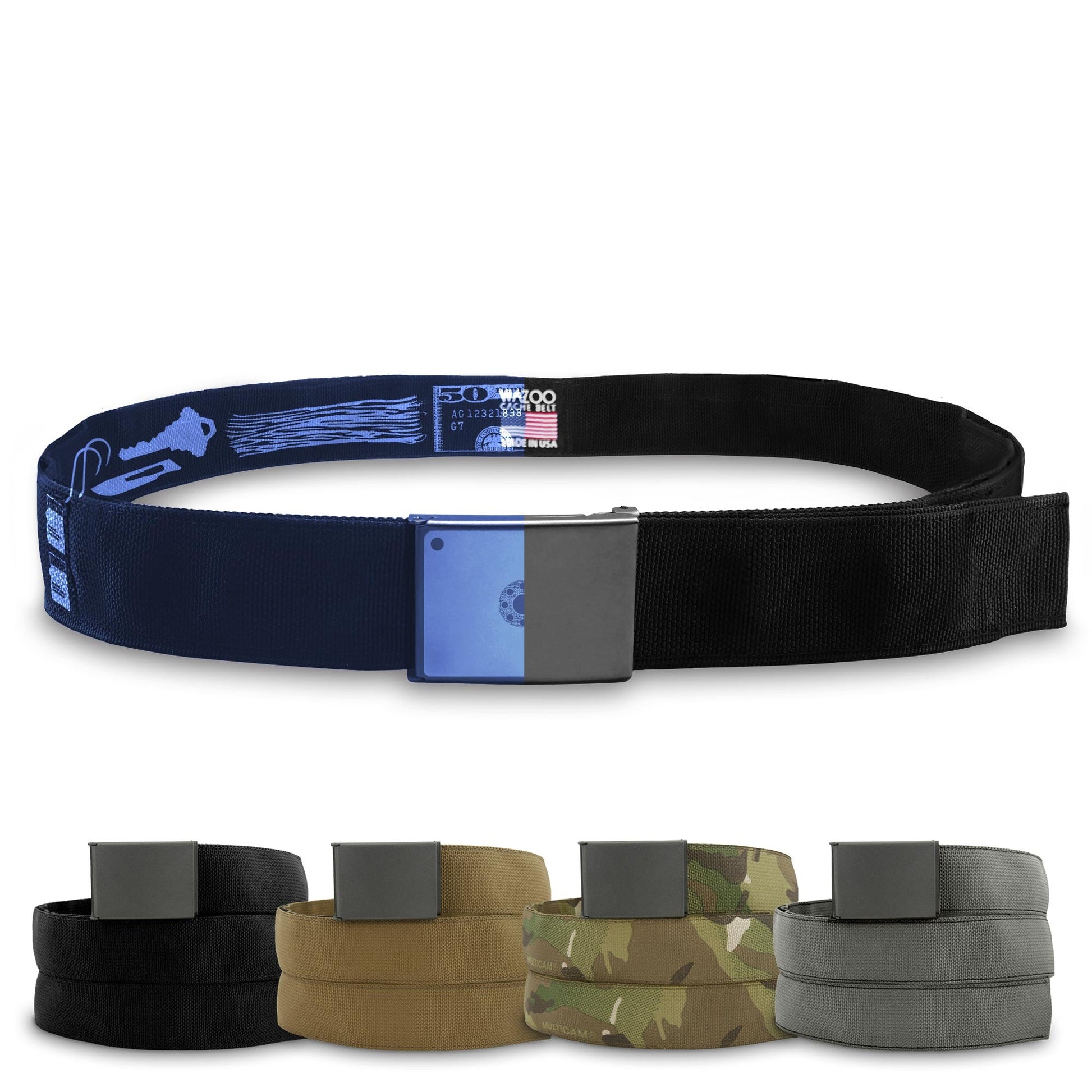 Black belt with blue buckle and additional belts in different colors on a white background