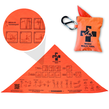 Orange triangular medic multi-tool with instructions and a carabiner you can carry anywhere.