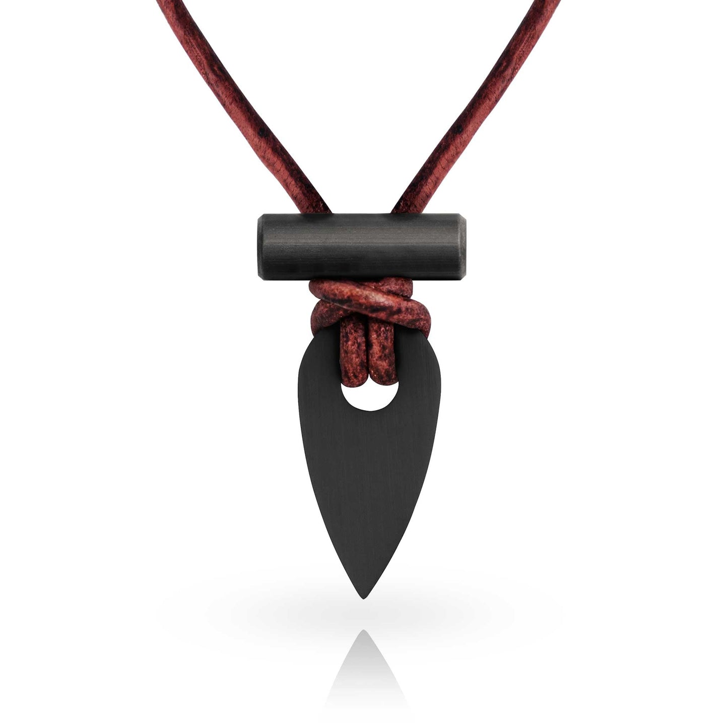 Black arrowhead pendant on a red cord against a white background